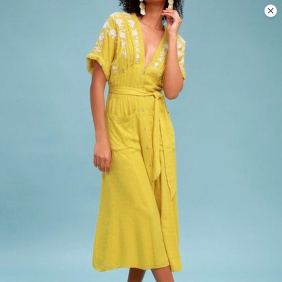 Free People Yellow & White Midi Dress Floral Embroidery - Size Med - Picture 10 of 13